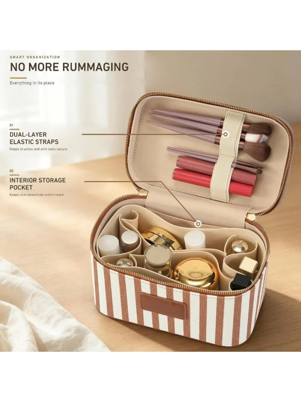 Stylish Waterproof Makeup Bag - Travel Toiletry Organizer with Brush Holder